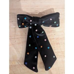 Black velvet hair bow with Rhinestone rainbow color embellishment 7" Long